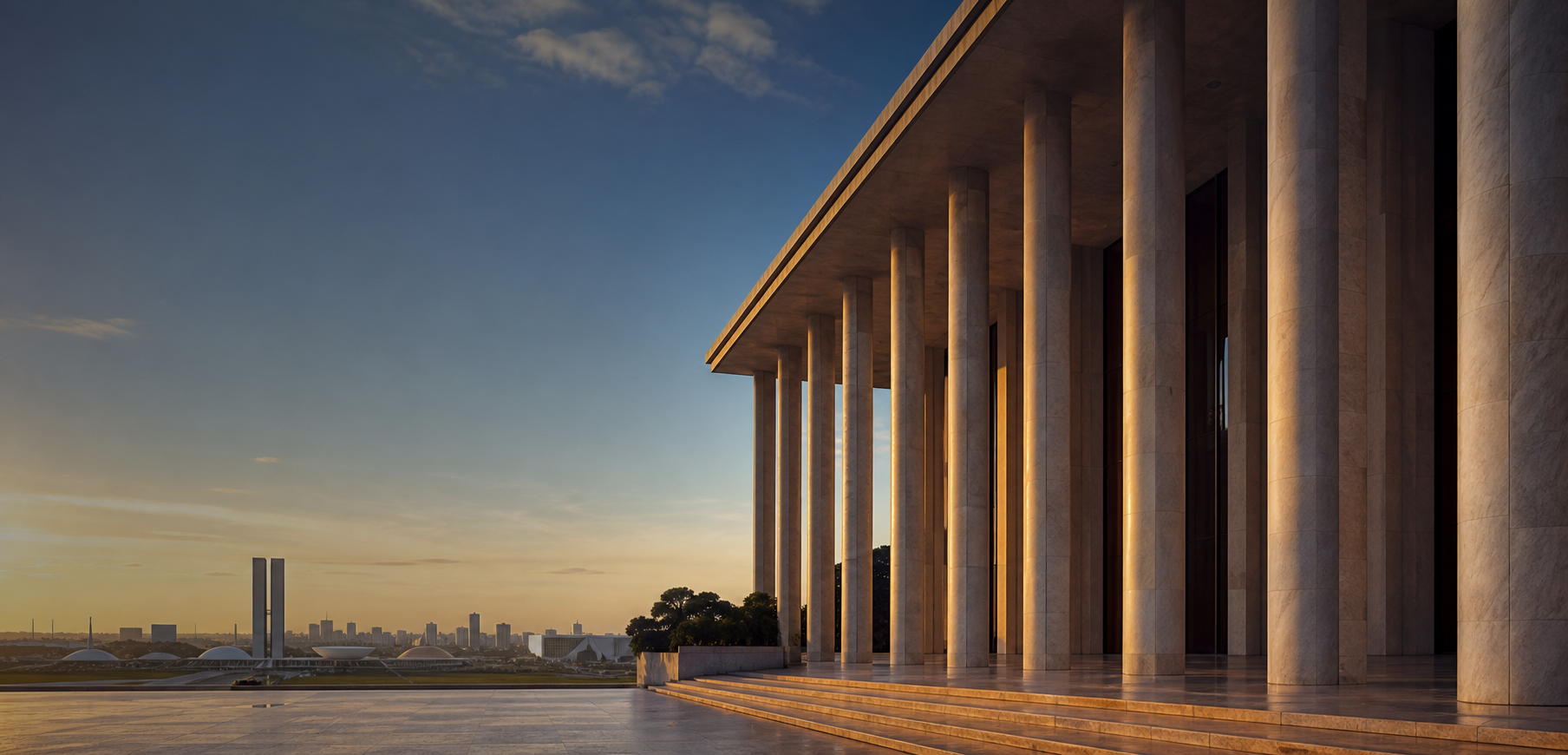 Arquitetura cívica com colunas e vista para Brasília ao amanhecer